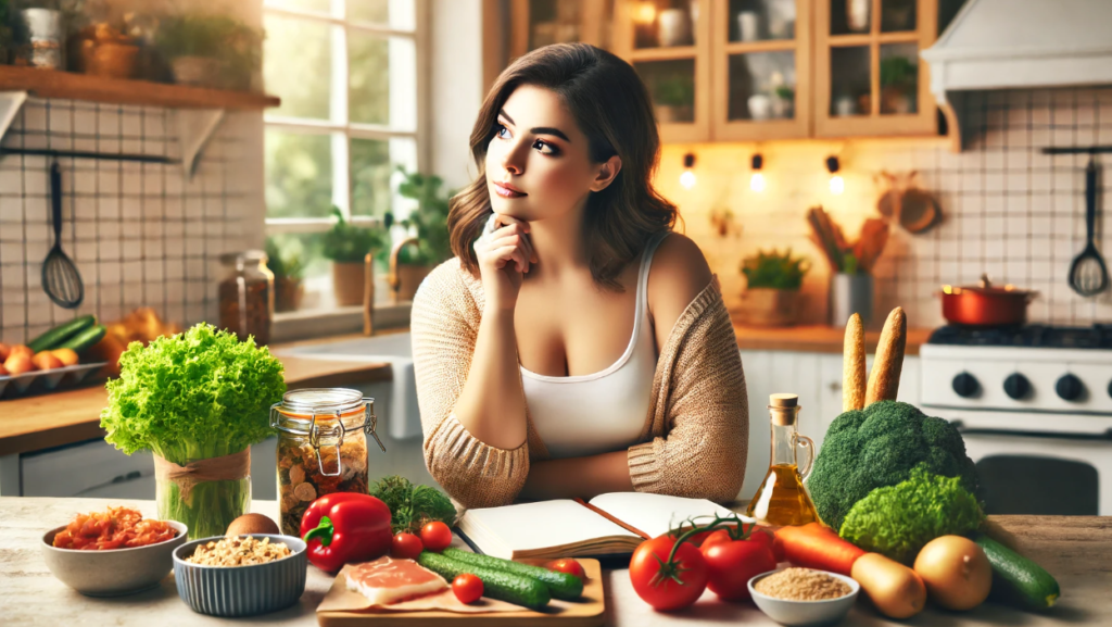 mulher pensando o que comer de noite para emagrecer